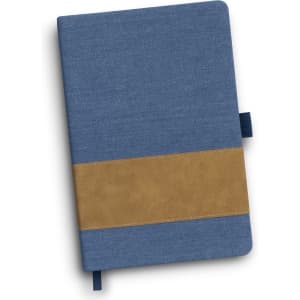 A denim notebook in blue with a brown faux leather band and a bookmark. It features a logo on the cover.