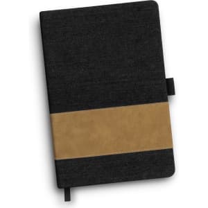 A denim notebook in dark grey with a tan leatherette band and a ribbon bookmark. It features a branding logo.