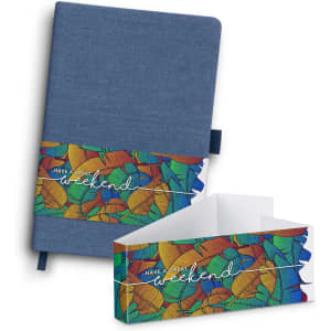 A denim notebook with a vibrant, patterned band featuring colourful designs. It includes a bookmark and is closed.
