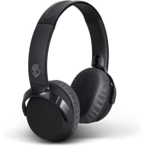 Wireless headphones in black with a smooth finish and a textured ear cup design, featuring a logo on the side.