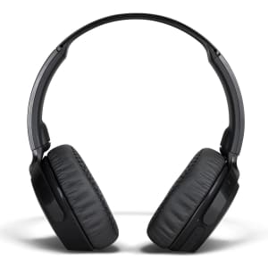 Black wireless headphones with cushioned ear cups and adjustable headband, featuring a logo on the side.