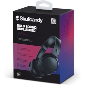 A black box containing Skullcandy Riff 2 Wireless Headphones, featuring branding and a handle for easy carrying.