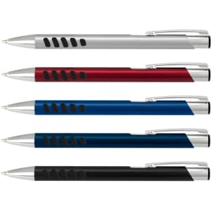 A collection of metal pens in silver, red, blue, and black with a logo and grip design on each.