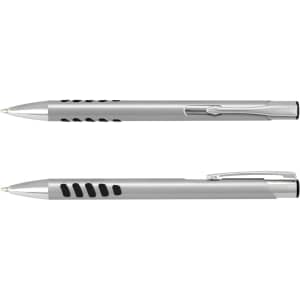 A metal pen in silver with black accents and grip features, featuring a clip and a logo.