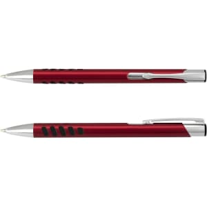 A red metal pen with black accents and a silver clip, featuring a logo on the body.