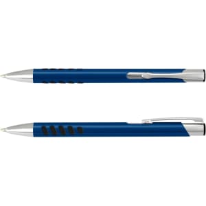 A blue metal pen featuring a sleek design with a silver clip and branded logo.