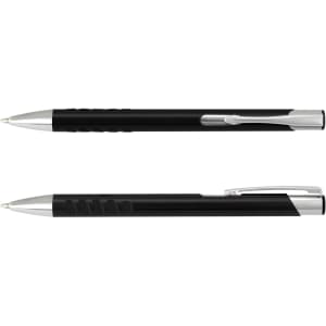 A black metal pen with a silver clip and accents, featuring a textured grip section and a logo.