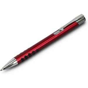 A metal pen in a sleek red design with a chrome clip and grip detailing. Features a logo on the pen body.