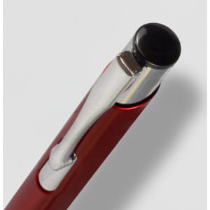 A red metal pen with a shiny silver clip and a black top. The image includes a logo on the pen.