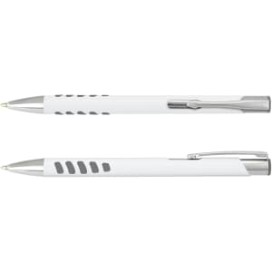 A metal pen with a white barrel and chrome accents, featuring a grip design and a branding logo.