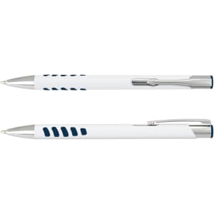 A metal pen with a white barrel and silver accents, featuring a textured grip and a clip.