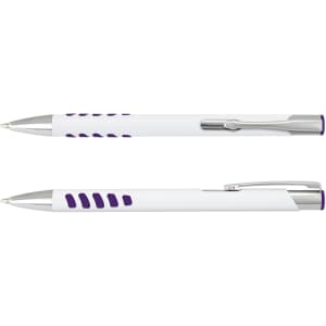 A metal pen with a white barrel and purple accents, featuring a silver clip and a simple logo.