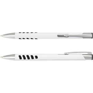 A white barrel pen with silver accents and a grip section designed for comfortable writing.