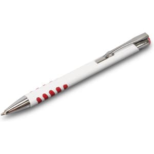 A white barrel pen with red grip accents and a silver clip, featuring a logo on the side.