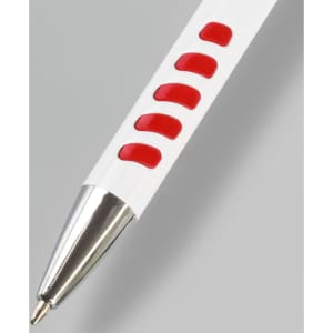 A metal pen with a white barrel and red grip accents, featuring a shiny silver tip.
