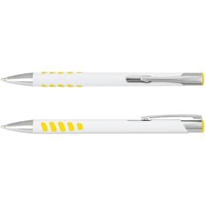 A metal pen with a white barrel and yellow accents, featuring a clip and grip design. It includes a logo.