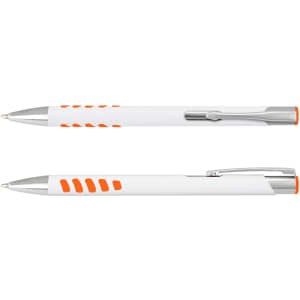 A metal pen with a white barrel and orange accents, featuring a silver clip and detailing.