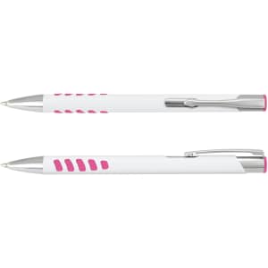 A metal pen with a white barrel and pink grip accents, featuring a clip and a logo.