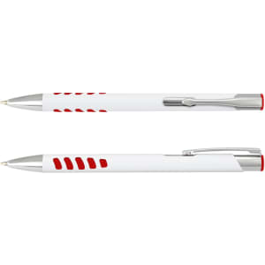 A white barrel metal pen with red accents and grip sections, featuring a silver clip and branding.