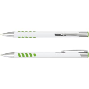 A metal pen with a white barrel and green accents, featuring a clip and a logo.