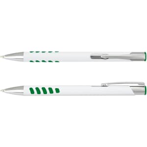 A metal pen with a white barrel and green accents, featuring a silver clip and detailing.