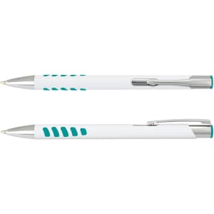 A white barrel metal pen with turquoise accents and a silver clip, featuring a branded logo.