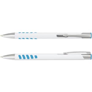 A white pen with a metal clip and blue grip accents, featuring a sleek, modern design.