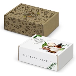 Two die cut boxes with locking lids, one brown with a pattern, the other white featuring a floral design.