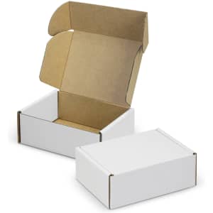A white die cut box with a locking lid and a brown inner surface, displayed in an open position.