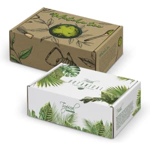 Two decorative die cut boxes with locking lids, featuring green botanical designs on a brown and white background.