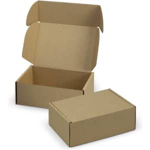 A brown die cut box with a locking lid, displayed open and closed, featuring a simple design.
