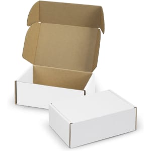 A white die cut box with a locking lid, featuring a plain brown interior.