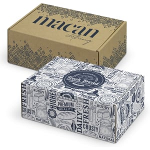Two die-cut boxes with locking lids, one in brown kraft paper with black branding, the other in white featuring a blue intricate design.