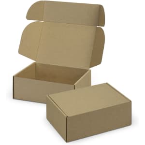 A brown die cut box with a locking lid, open with a smaller box beside it, showcasing its structure and design.