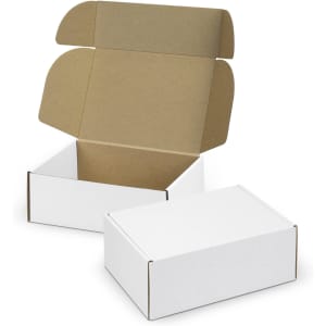 A white die cut box with a locking lid, featuring an open and closed view, made from sturdy material.