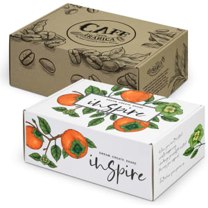 Two die cut boxes with locking lids, featuring floral and coffee bean designs in earthy tones and white. Each has a logo.