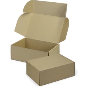 A brown die cut box with a locking lid, featuring an open and a closed position, showcasing its cardboard construction.