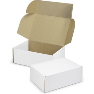 A white die cut box with a locking lid, positioned open, revealing an interior of brown cardboard.