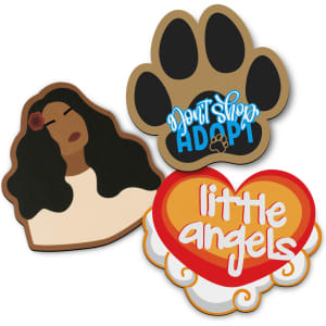 Three custom mouse mats featuring various designs: a silhouette of a woman, a paw print, and a heart with text, in multiple colours.