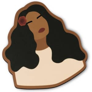 A custom mouse mat featuring a stylised illustration of a woman with long, dark hair and a flower.