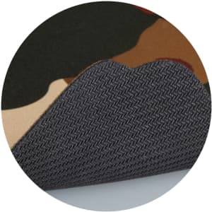 A custom mouse mat featuring a camouflage design with a textured grey underside.
