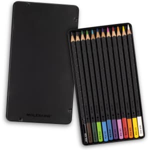A collection of twelve coloured pencils in a black metal case, featuring a logo.