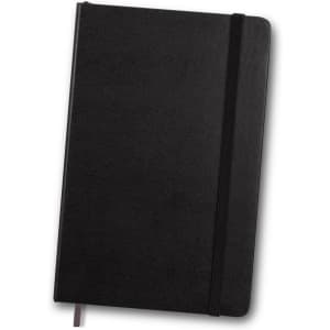 A black Moleskine sketchbook with a textured cover and an elastic closure band.