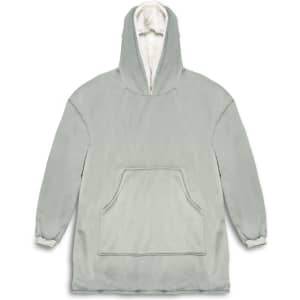 A light green hoodie with a large front pocket and a fleece-lined hood. It features branding.