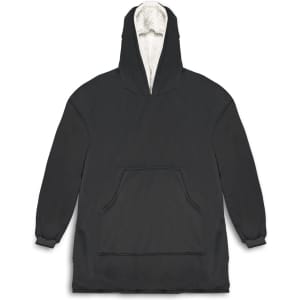 A black hoodie with a plush, cream-lined hood and a front pocket. It features a logo on the design.