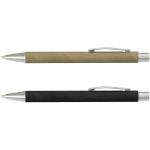 Two Lancer Kraft Pens are displayed: one in a brownish beige and the other in black, both featuring silver accents.