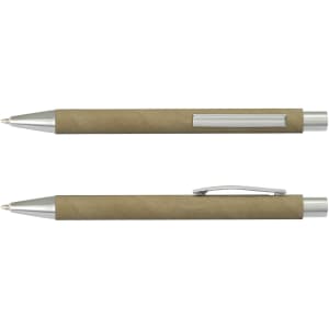 A brown kraft pen with a silver clip and detailing, featuring a sleek design and a branded area.