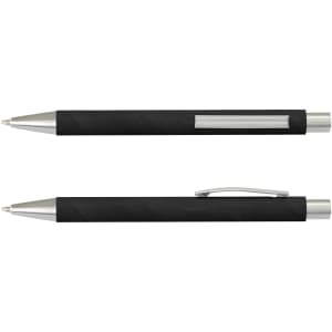 A black plastic pen with a silver clip and accents, featuring a textured grip. It has a minimalistic design and a logo.