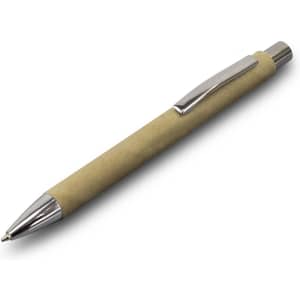 A plastic pen with a kraft paper barrel and silver accents, featuring a clip and smooth writing tip.