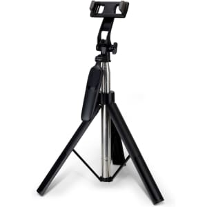 A black tripod with an adjustable phone holder and remote shutter feature.